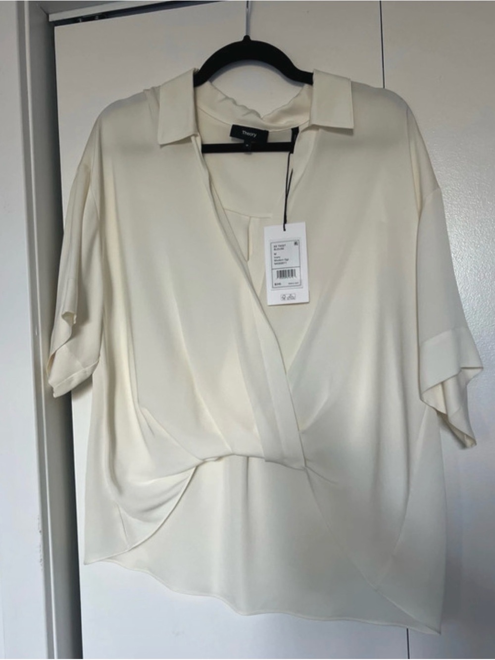 Theory Ivory Twist Front Silk Short Sleeve Blouse